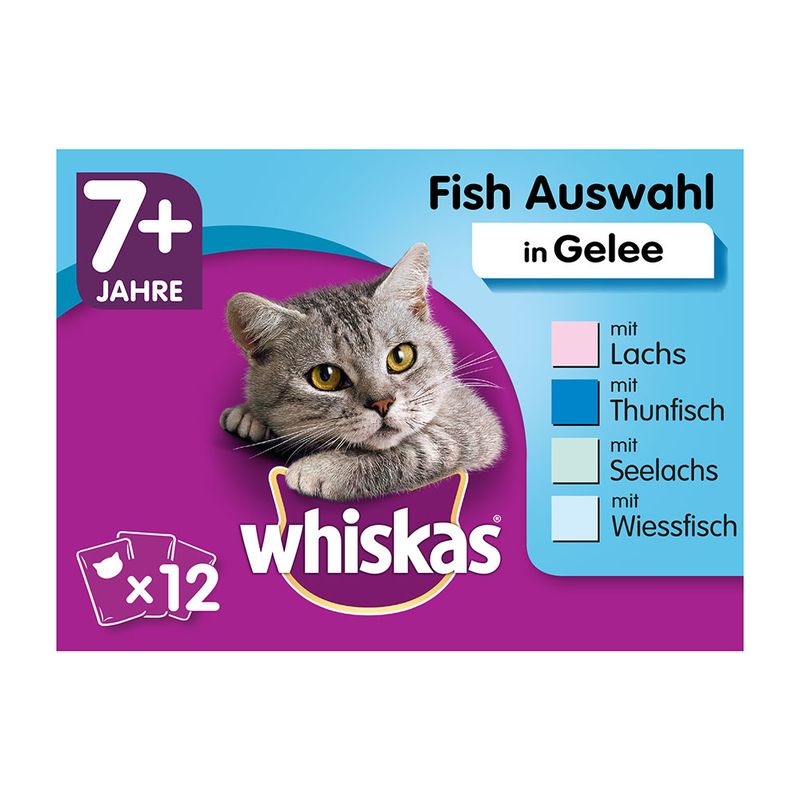 Whiskas Fish Auswahl in Gelee για γάτες 7+ Jahre, συσκευασία 12 τεμαχίων. mit Lachs, Thunfisch, Seelachs, Wiessfisch. Κείμενο στα γερμανικά.