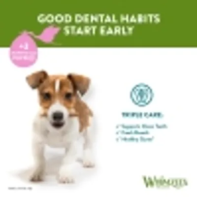 Good dental habits start early. Triple care: supports clean teeth, fresh breath, healthy gums. For dogs aged 3 months and over. Whimzees brand shown.