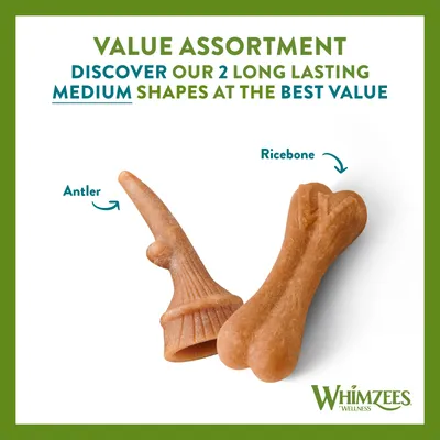 Value assortment showing two long lasting medium shapes: Antler and Ricebone. Text highlights best value. Whimzees Wellness branding visible.