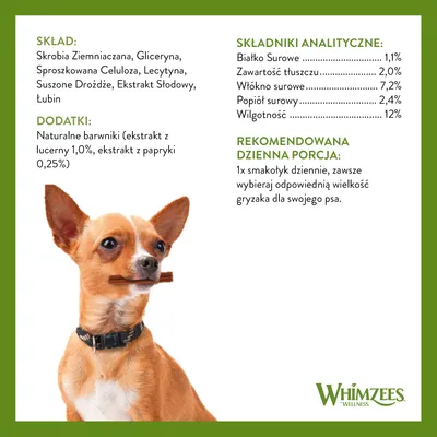 Skład: skrobia ziemniaczana, gliceryna, celuloza, lecytyna, drożdże, ekstrakt słodowy, łubin. Składniki analityczne: białko 1,1 %, tłuszcz 2 %, włókno 7,2 %, popiół 2,4 %, wilgotność 12 %. Whimzees.