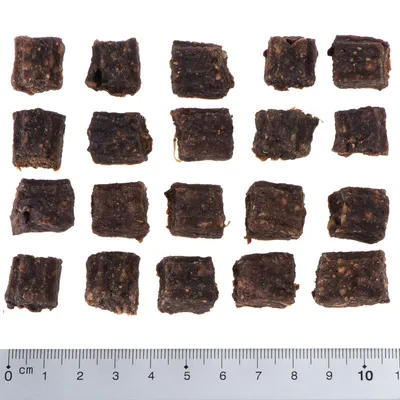 Nærbillede af 16 brune, terningformede hundesnacks på hvid baggrund med lineal til angivelse af størrelse i centimeter.