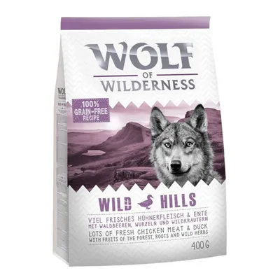 Упаковка корма Wolf of Wilderness Wild Hills, 100% grain-free recipe, lots of fresh chicken meat & duck, with fruits of the forest, roots and wild herbs, 400 г