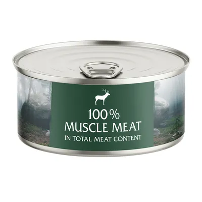 Кутия с надпис '100% Muscle Meat in Total Meat Content' и символ на елен на зелен фон.