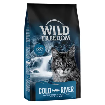 Sachet Wild Freedom Cold River, 2 kg, texte visible : 100% grain-free recipe, lots of fresh poultry meat with salmon. Image d’un chat et d’une cascade.