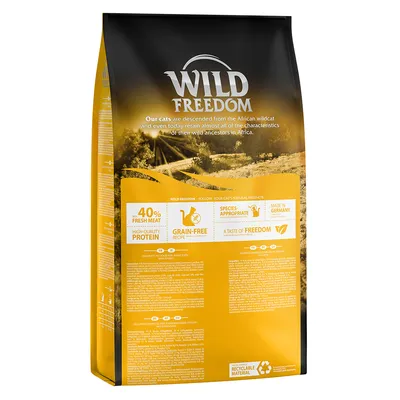 Product packaging showing 40% fresh meat, high-quality protein, grain-free recipe, species-appropriate, made in Germany, recyclable material, and a taste of freedom.