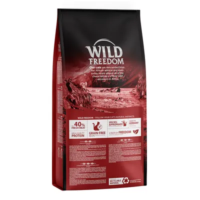 Opakowanie karmy Wild Freedom dla kotów, widoczne teksty: 40% fresh meat, grain-free recipe, high-quality protein, made in Germany, recyclable material. Tekst w języku angielskim.