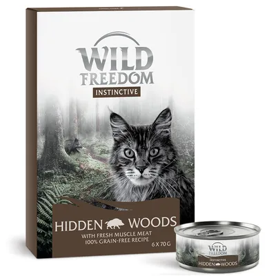 Wild Freedom Instinctive Hidden Woods kattenvoer, 6 x 70 g. Met verse spiermassa, 100% graanvrij recept. Verpakking met afbeelding van kat en bos, inclusief blikje.