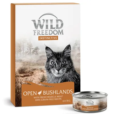 Wild Freedom Instinctive Open Bushlands kattenvoer, 6 x 70 g, met verse spiermassa, 100% graanvrij. Verpakking en blikje zichtbaar.