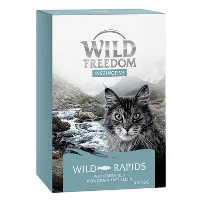 Wild Freedom Instinctive Wild Rapids kattefoder, med frisk fisk, 100 % grain-free recipe, pakke med 6 x 140 g. Billede af kat og flod på emballagen.