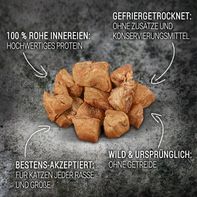 Gefriergetrocknete rohe Innereien: hochwertiges Protein, ohne Zusätze und Konservierungsmittel, bestens akzeptiert für Katzen jeder Rasse und Grösse, wild & ursprünglich ohne Getreide.