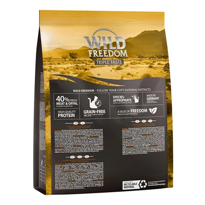 Wild Freedom Triple Taste cat food bag, 40% fresh meat & offal, high-quality protein, grain-free recipe, species-appropriate, made in Germany, recyclable material. Visible text in English and German.