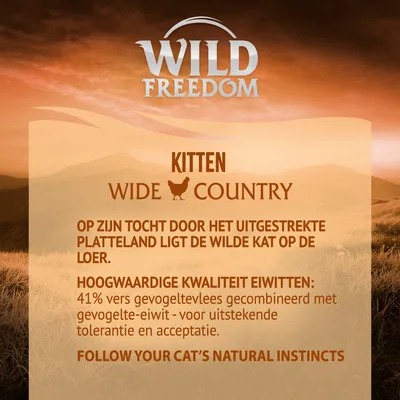 Wild Freedom Kitten Wide Country. 41% vers gevogelte gecombineerd met gevogelte-eiwit voor uitstekende tolerantie en acceptatie. Follow your cat’s natural instincts.