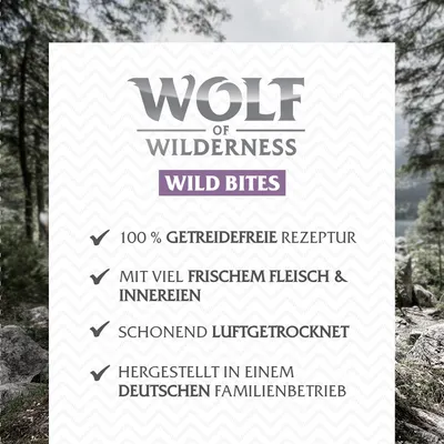 Wolf of Wilderness Wild Bites: 100% getreidefreie Rezeptur, mit viel frischem Fleisch & Innereien, schonend luftgetrocknet, hergestellt in einem deutschen Familienbetrieb.