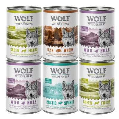 6 boîtes Wolf of Wilderness 400 g : Green Fields, Oak Woods, Wild Hills, Arctic Spirit. Texte visible : 100 % grain-free. Étiquettes avec paysages et têtes de loup.