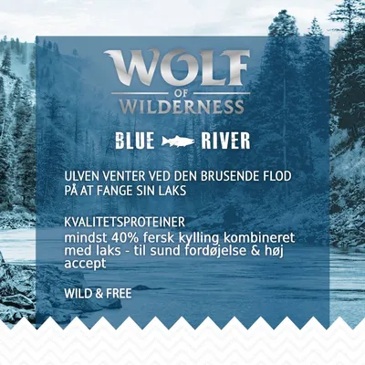 Wolf of Wilderness BLUE RIVER. Ulven venter ved den brusende flod på at fange sin laks. Kvalitetsproteiner: mindst 40 % fersk kylling kombineret med laks – til sund fordøjelse & høj accept. Wild & Free.