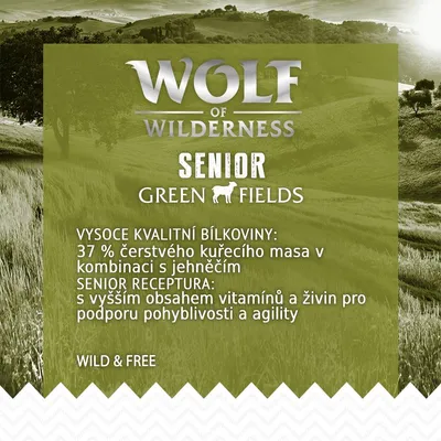 Wolf of Wilderness Senior Green Fields. 37 % čerstvého kuřecího masa v kombinaci s jehněčím, vyšší obsah vitamínů a živin pro podporu pohyblivosti a agility. Wild & Free.