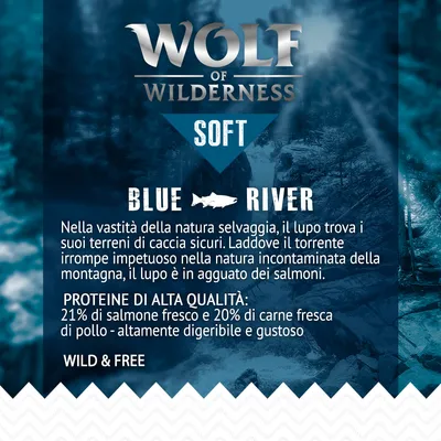 Wolf of Wilderness Soft Blue River. Proteine di alta qualità: 21% salmone fresco, 20% carne fresca di pollo. Altamente digeribile e gustoso. Wild & Free.