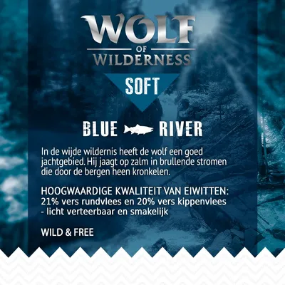 Wolf of Wilderness Soft Blue River. Hoogwaardige kwaliteit van eiwitten: 21% vers rundvlees en 20% vers kippenvlees, licht verteerbaar en smakelijk. Wild & Free.
