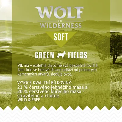 Wolf of Wilderness Soft Green Fields. Vysoce kvalitní bílkoviny: 21 % čerstvého jehněčího masa, 20 % čerstvého kuřecího masa, stravitelné a chutné. Wild & Free.