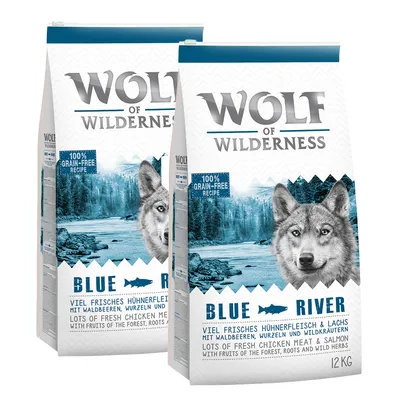Wolf of Wilderness Blue River -koiranruokapakkaus, 100% grain-free recipe, paljon tuoretta kananlihaa ja lohta, 12 kg. Näkyvissä myös englanninkielinen tuotekuvaus.