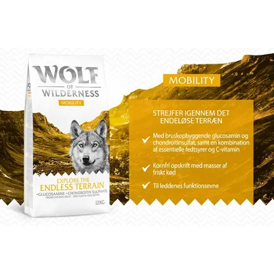 Wolf of Wilderness Mobility hundefoder 12 kg. Tekst: Mobility, strejfer igennem det endeløse terræn, glucosamin, chondroitinsulfat, essentielle fedtsyrer, C-vitamin, kornfri opskrift, friskt kød.