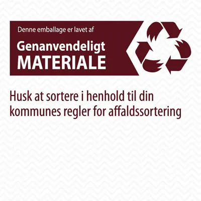 Denne emballage er lavet af genanvendeligt materiale. Husk at sortere i henhold til din kommunes regler for affaldssortering.