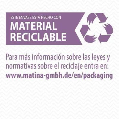 Este envase está hecho con material reciclable. Para más información sobre reciclaje entra en: www.matina-gmbh.de/en/packaging