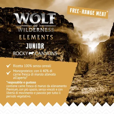 Wolf of Wilderness Elements Junior Rocky Canyons. Ricetta 100% senza cereali, 40% carne fresca di manzo allevato all'aperto. Free-range meat. Testo in inglese e italiano.
