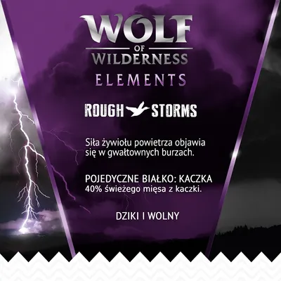 Wolf of Wilderness Elements Rough Storms. Siła żywiołu powietrza objawia się w gwałtownych burzach. Pojedyncze białko: kaczka, 40% świeżego mięsa z kaczki. Dziki i wolny.