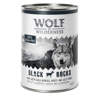 Conservă Wolf of Wilderness Black Rocks, 100% grain-free, 400g. Text vizibil: Goat with wild berries, roots and wild herbs.