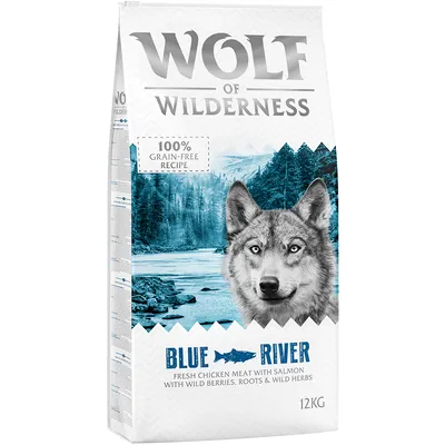 Sac Wolf of Wilderness Blue River 12 kg, 100% grain-free recipe, fresh chicken meat with salmon, wild berries, roots & wild herbs. Texte en anglais.