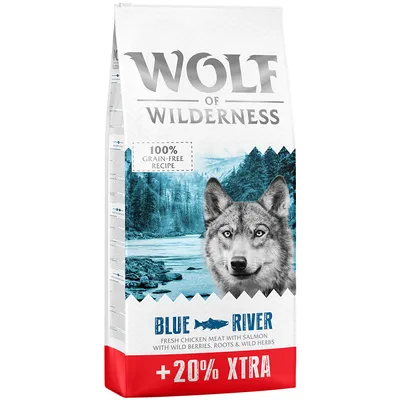 Wolf of Wilderness Blue River. 100% grain-free Rezept mit frischem Hühnerfleisch, Lachs, Wildbeeren, Wurzeln und Wildkräutern. +20% XTRA.