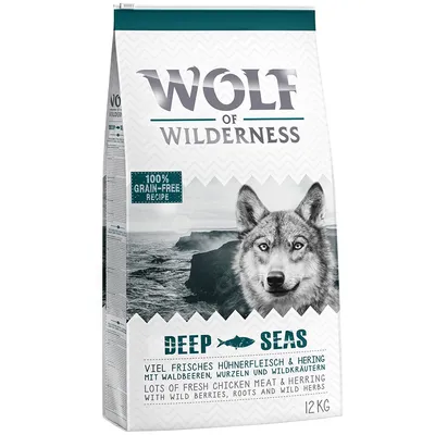 Wolf of Wilderness Deep Seas, 12 kg. Ricetta senza cereali con pollo fresco e aringa, frutti di bosco selvatiche, radici ed erbe. Testo in inglese e tedesco visibile sulla confezione.