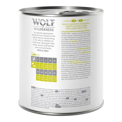 Wolf of Wilderness. Tabela dawkowania: masa psa 5–80 kg, dzienne porcje 375–2740 g. Widoczny skład i zalecenia żywieniowe w języku angielskim.