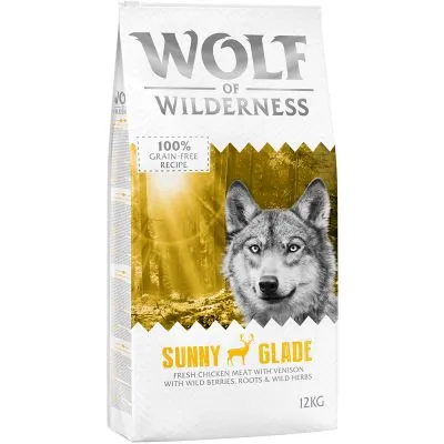 Bag labelled 'Wolf of Wilderness', 100% grain-free recipe, Sunny Glade flavour with fresh chicken meat, venison, wild berries, roots and wild herbs, 12kg.