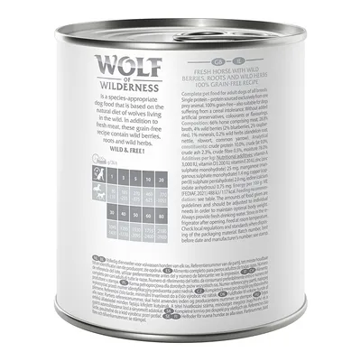 Wolf of Wilderness. Zalecenia żywieniowe: masa psa 5 kg – 400 g, 10 kg – 670 g, 20 kg – 1120 g, 30 kg – 1510 g, 40 kg – 1870 g, 50 kg – 2210 g dziennie. Skład i analiza w języku angielskim.