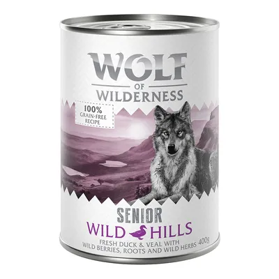Wolf of Wilderness Senior Wild Hills konzerv, 100% grain-free recipe, fresh duck & veal with wild berries, roots and wild herbs, 400g