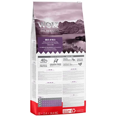 12 + 2,4 kg gratis! 14,4 kg Wolf of Wilderness - Graanvrij 12 + 2,4 kg gratis! 14,4 kg Wolf of Wilderness - Graanvrij