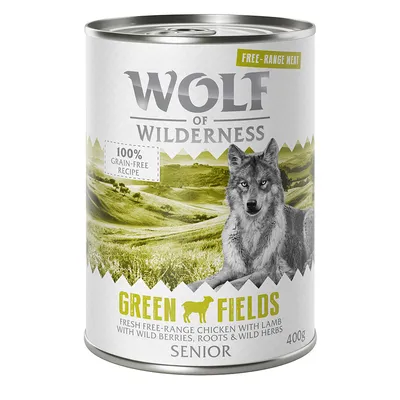 Wolf of Wilderness Green Fields Senior, 400 g tölkki. Resepti vapaana kasvatetulla kanalla ja lampaanlihalla, metsänmarjoja, juuria ja yrttejä. 100 % viljaton.