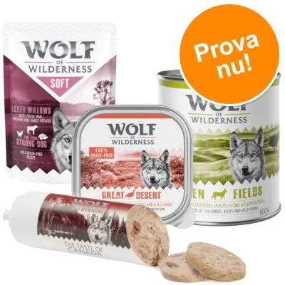 Flera förpackningar Wolf of Wilderness hundfoder, inklusive påse, burk, korv och portionsförpackning. Orange cirkel med texten: Prova nu!