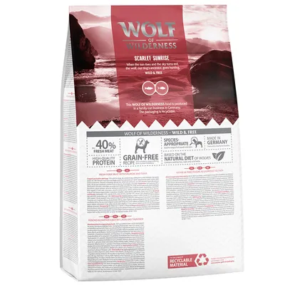 Wolf of Wilderness Scarlet Sunrise. 40% fresh meat, high-quality protein, grain-free recipe, made in Germany, recyclable material. Based on the natural diet of wolves. Κείμενο στα αγγλικά.