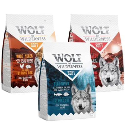 Τρεις συσκευασίες Wolf of Wilderness Soft 1kg: Wide Acres με κοτόπουλο, Blue River με σολομό, Green Valley με μοσχάρι. Εμφανές το κείμενο '100% grain-free recipe'.