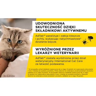Udowodniona skuteczność dzięki składnikowi aktywnemu. AdTab paraliżuje i zabija kleszcze i pchły, wykazując natychmiastowe działanie bójcze. Wyróżnione przez lekarzy weterynarii.
