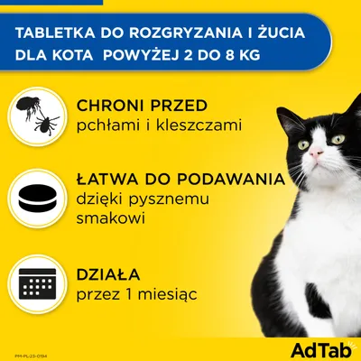 Tabletka do rozgryzania i żucia dla kota powyżej 2 do 8 kg. Chroni przed pchłami i kleszczami, łatwa do podawania dzięki pysznemu smakowi, działa przez 1 miesiąc. AdTab.