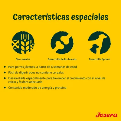 Características especiales: sin cereales, desarrollo de los huesos, desarrollo óptimo. Para perros jóvenes desde 6 semanas, fácil de digerir, calcio y fósforo adecuado, energía y proteína moderada.