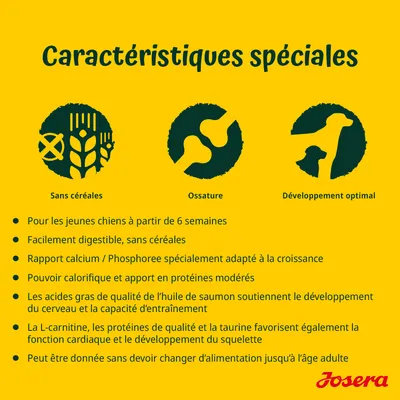 Caractéristiques spéciales Josera : sans céréales, ossature, développement optimal. Pour jeunes chiens dès 6 semaines, digestible, rapport calcium/phosphore adapté, protéines modérées.