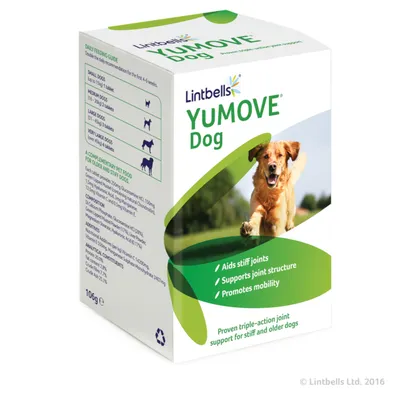Lintbells YUMOVE Dog -koiran ravintolisä, pakkauksessa ruokintaohje pienille, keskikokoisille, suurille ja erittäin suurille koirille sekä englanninkieliset tuotekuvaukset.