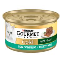 Purina Gourmet Gold paté fine con pollo, 24x lattina. Immagine di una lattina dorata con un gatto bianco e un pezzo di paté su un piatto.