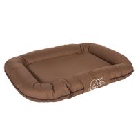 Cuccia marrone per cani con bordo imbottito e logo con cane che dorme sul davanti.