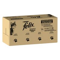 Purina Felix Sensations Gelees, 120 porcijskih vrečk z okusi jagnjetina, piščanec, govedina in raca. Prikazana embalaža in posamezne vrečke.
